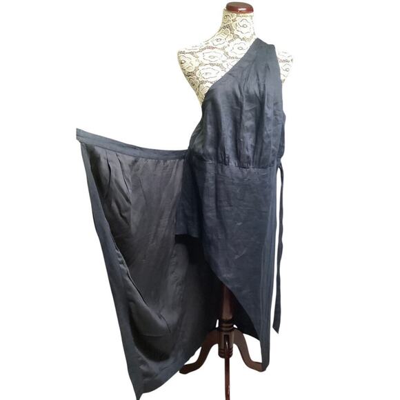 Anthropologie one shoulder linen wrap preppy dress size 16 black - Picture 6 of 11